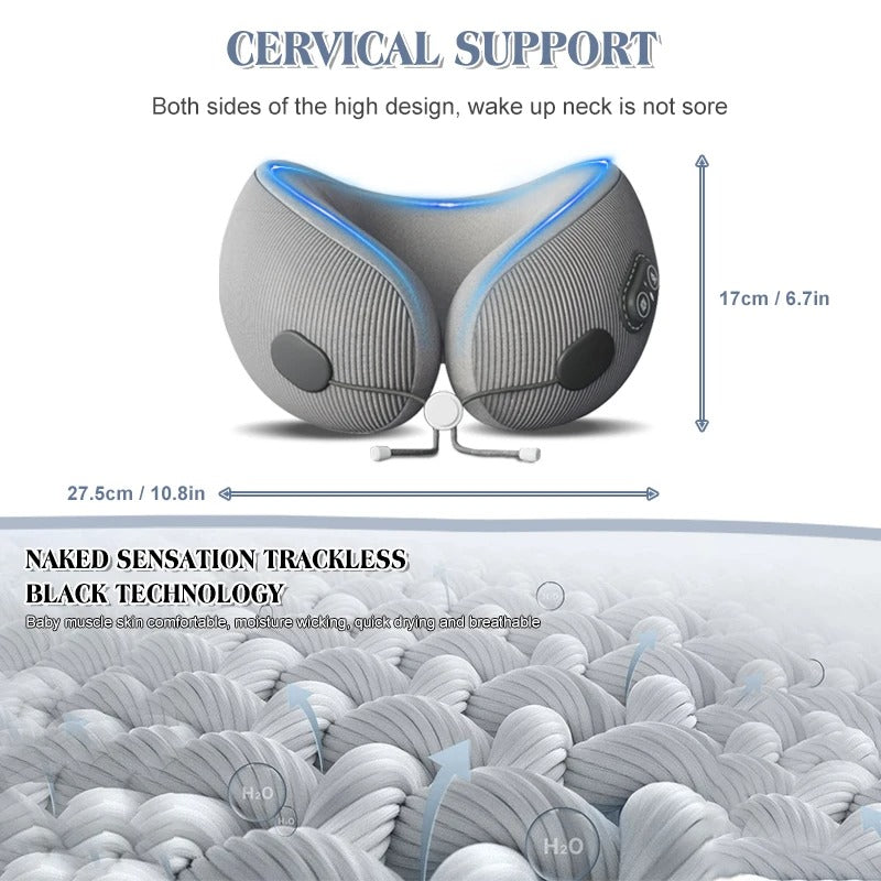 Premium U-Shaped Travel Pillow – Heated Massage Memory Foam Neck Pillow for Airplanes, Ergonomic Design for Pain Relief and Comfortable Sleeping, 3 Adjustable Modes, Portable and Rechargeable - StrengthXPhysiotherapy