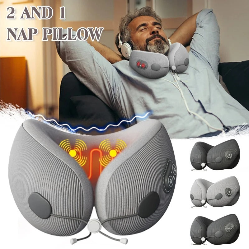 Premium U-Shaped Travel Pillow – Heated Massage Memory Foam Neck Pillow for Airplanes, Ergonomic Design for Pain Relief and Comfortable Sleeping, 3 Adjustable Modes, Portable and Rechargeable - StrengthXPhysiotherapy