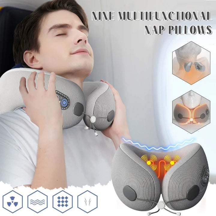 Premium U-Shaped Travel Pillow – Heated Massage Memory Foam Neck Pillow for Airplanes, Ergonomic Design for Pain Relief and Comfortable Sleeping, 3 Adjustable Modes, Portable and Rechargeable - StrengthXPhysiotherapy