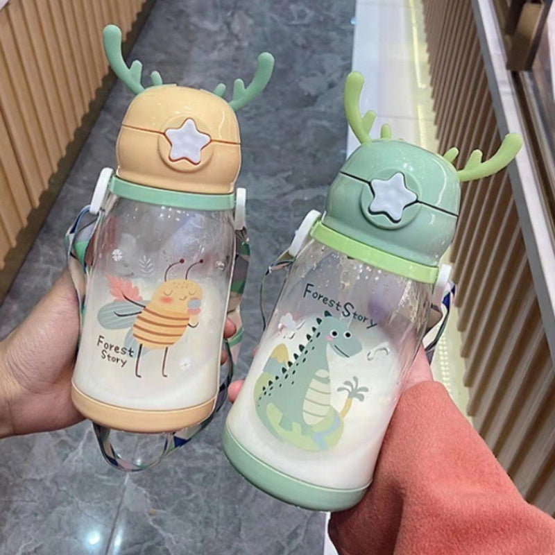 Premium Kids Antler Straw Water Bottle – Large Capacity, High-Quality Plastic, Leak-Proof Design, Cute Deer-Inspired Look, 