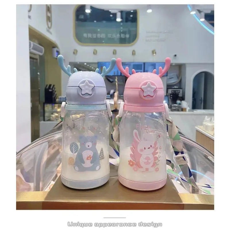 Premium Kids Antler Straw Water Bottle – Large Capacity, High-Quality Plastic, Leak-Proof Design, Cute Deer-Inspired Look, 