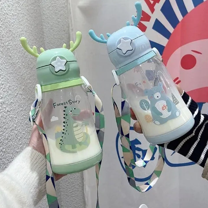Premium Kids Antler Straw Water Bottle – Large Capacity, High-Quality Plastic, Leak-Proof Design, Cute Deer-Inspired Look, 