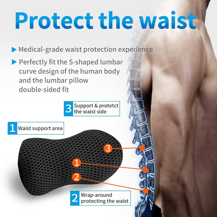 Premium Lumbar Support Pillow – Memory Foam Back Cushion for Car Seat & Office Chair – Ergonomic Waist Pillow for Lower Back