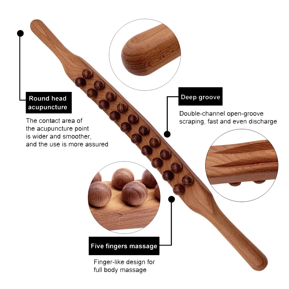 Premium 8 Beads Gua Sha Massage Stick - Carbonized Wood Meridian Scraping Therapy Wand for Muscle Relaxation and Acupuncture