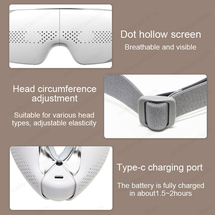 Premium Visible Eye Massager with Heat – Bluetooth Music, Air Pressure, Relaxation for Migraines, Reduce Eye Strain, Dark 