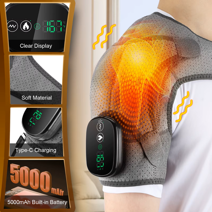 Premium Electrically Heated Shoulder Pads - USB Charging, 3 Heating Levels, 5000mAh Battery, Vibration Massage Device for Pain Relief and Muscle Relaxation - StrengthXPhysiotherapy