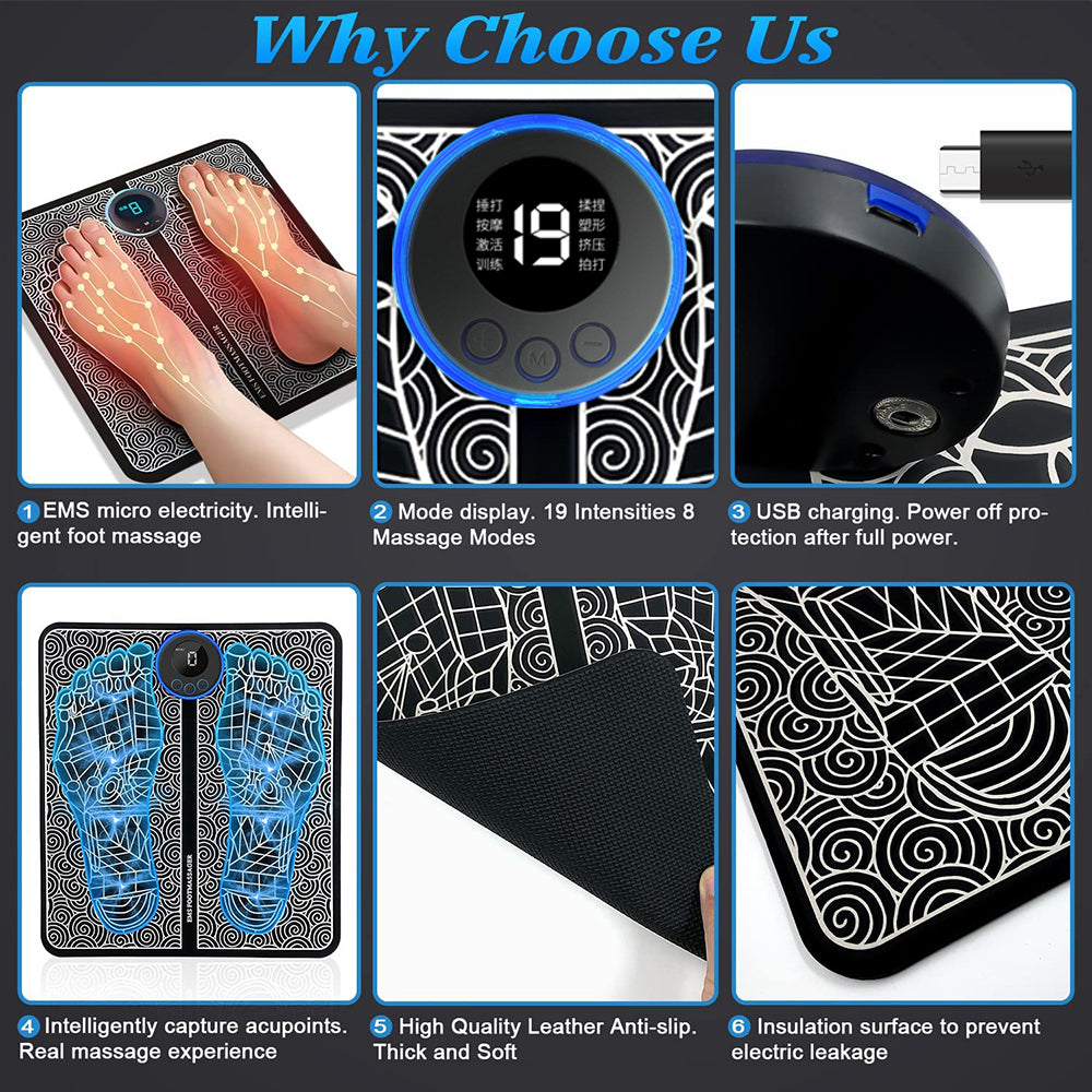 Premium Electric EMS Foot Massager - Rechargeable Pulse Muscle Stimulator with Remote Control, 8 Modes, 19 Intensity Levels