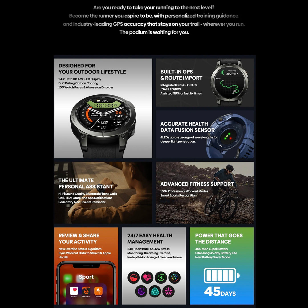 Premium GPS Sports Smartwatch for Men - 1.43” AMOLED, Built-in GPS, 100+ Sports Modes, Health Tracking, 18-Day Battery, Waterproof, Bluetooth Calls - StrengthXPhysiotherapy