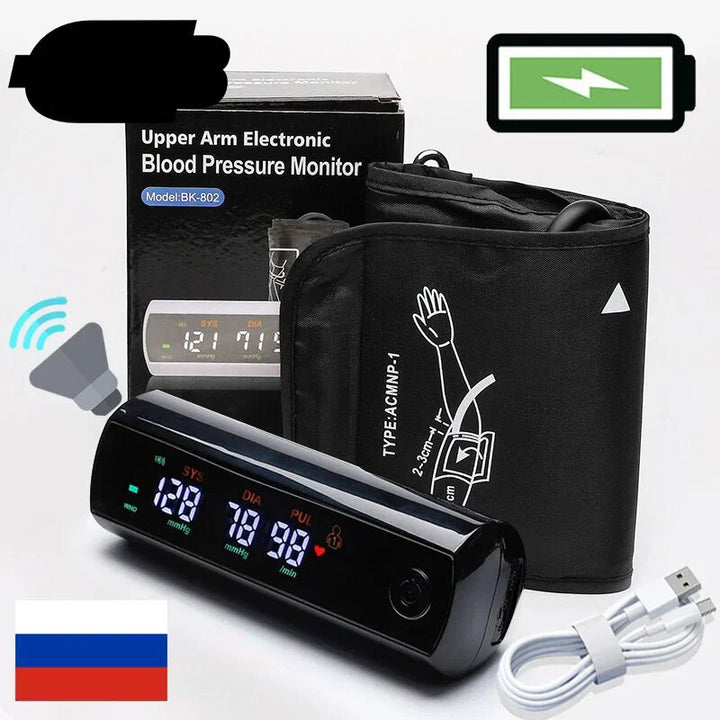 Premium Rechargeable Blood Pressure Monitor – Large LCD Screen, Russian Voice, Digital Arm Sphygmomanometer, LI-ION 