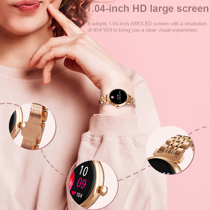 Premium Fashion Smartwatch for Women, 1.04" AMOLED Screen, Bluetooth Call, Metal Body, IP68 Waterproof, Heart Rate, Music 